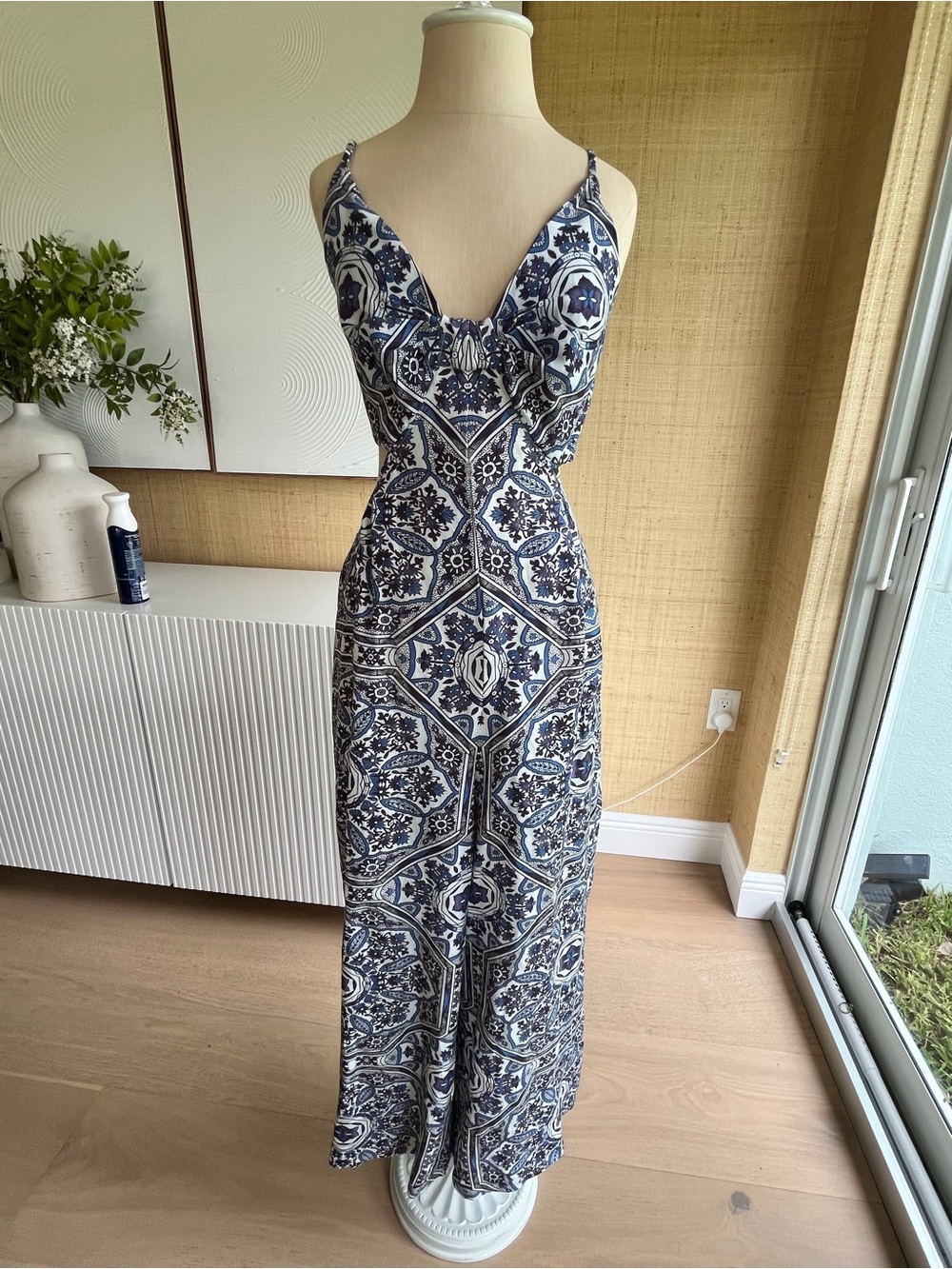 Anthropologie Spaghetti Strap jumpsuit in Blue and purple White Tile Print